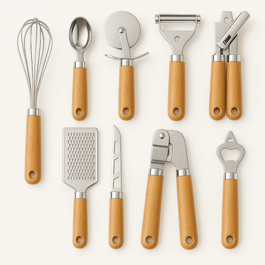 Set de ustensile de bucătărie din oțel inoxidabil cu mânere din lemn natural, 9 piese