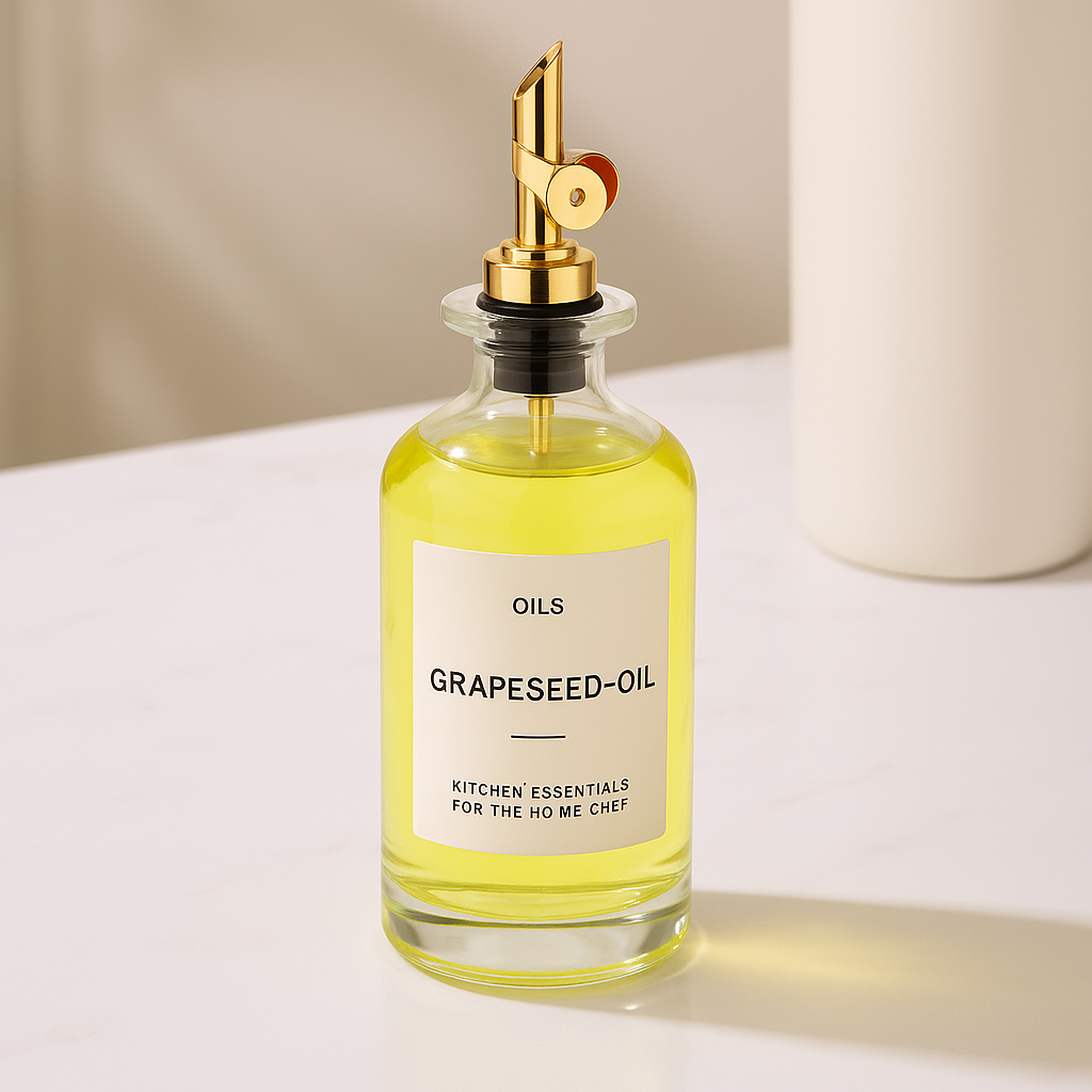 Sticlă elegantă din sticlă transparentă pentru ulei de struguri, cu dop metalic auriu și design modern