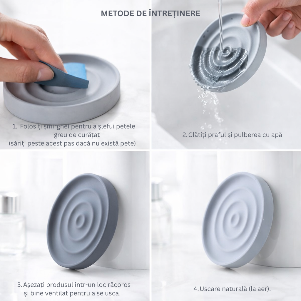 Metode simple de întreținere – săpunieră din piatră de diatomit Metode de întreținere pentru săpunieră din piatră de diatomit: șlefuire, clătire și uscare naturală