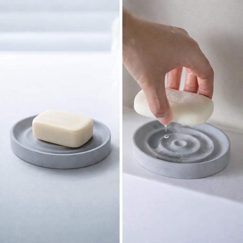 Săpunieră din diatomit – absorbție rapidă a apei Săpunieră din piatră de diatomit care absoarbe apa și menține săpunul uscat