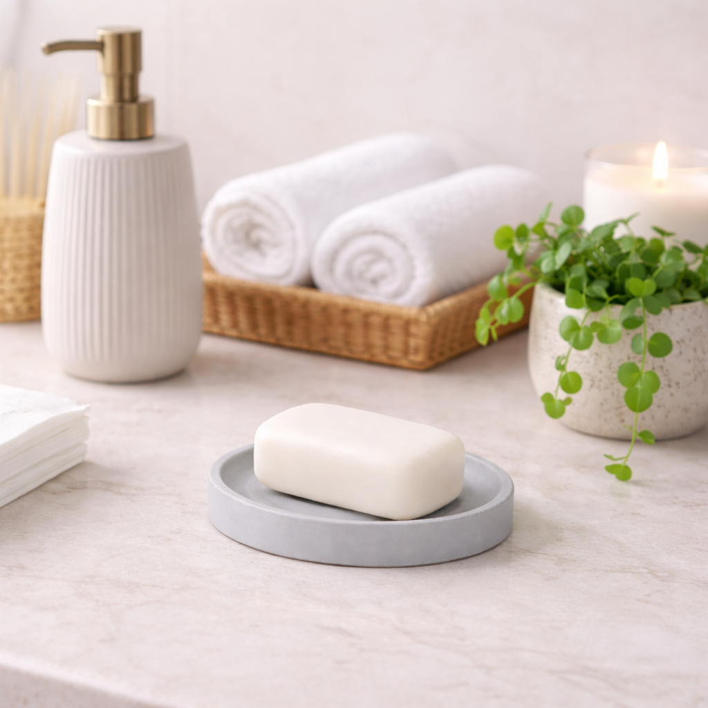 Săpunieră din piatră de diatomit – atmosferă spa în baia ta Săpunieră din piatră de diatomit cu săpun solid, decor de baie tip spa cu prosape și plantă verde