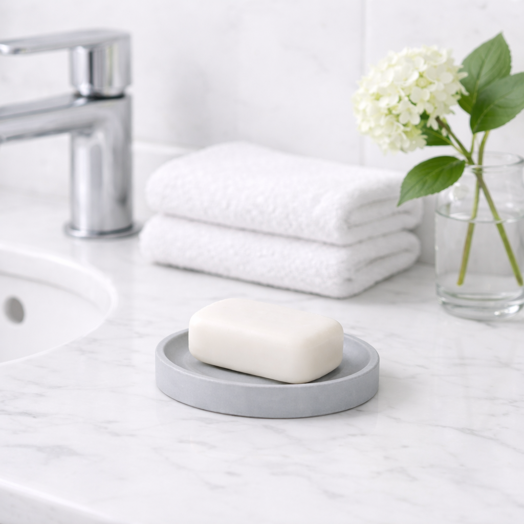 Săpunieră din piatră de diatomit – eleganță și funcționalitate în baie Săpunieră din piatră de diatomit cu săpun solid, așezată pe blat de baie minimalist