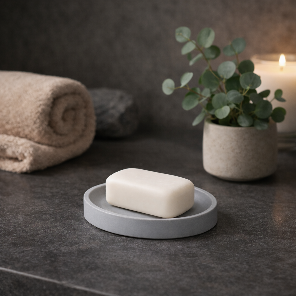 Atmosferă spa – săpunieră din piatră de diatomit Săpunieră din piatră de diatomit cu săpun solid, într-un decor de baie modern, cu prosop și lumânare