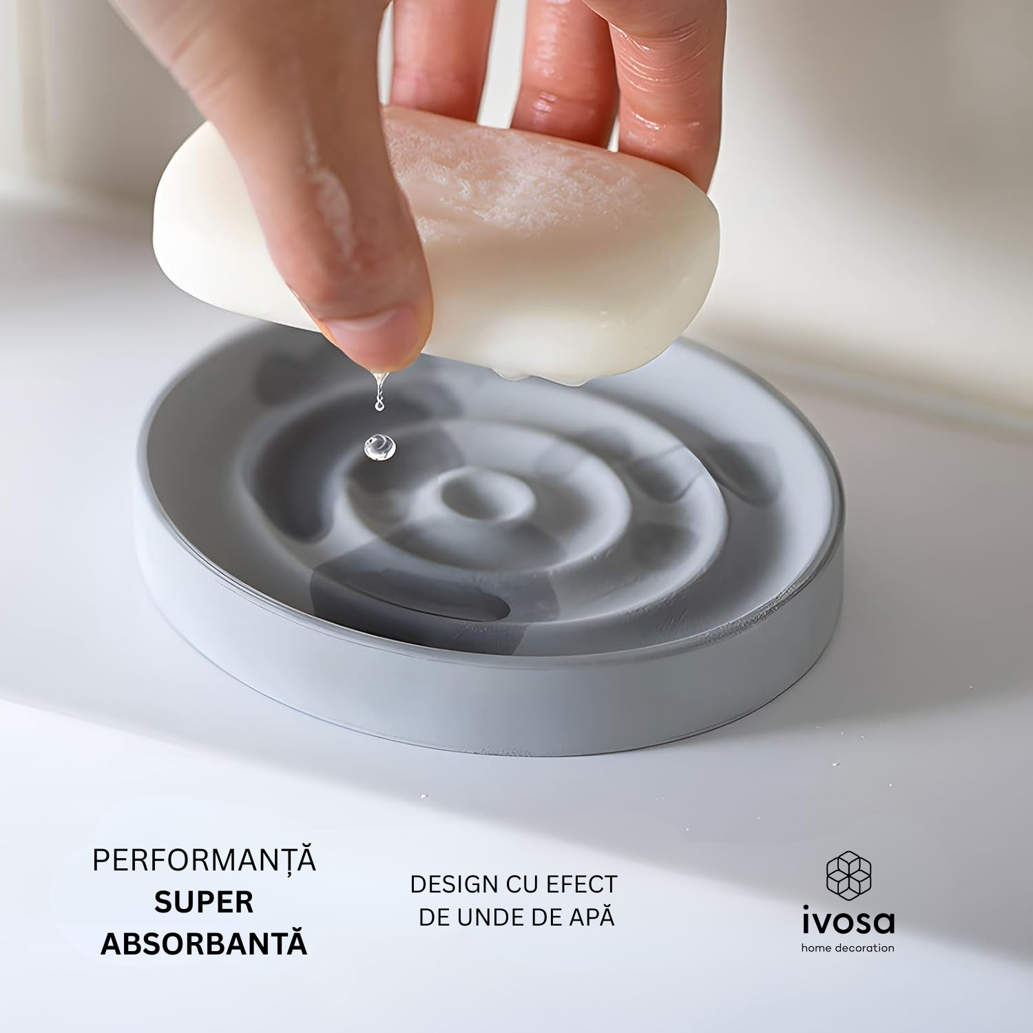 Performanță super absorbantă – săpunieră din diatomit Săpunieră din piatră de diatomit cu absorbție rapidă a apei, design cu efect de unde