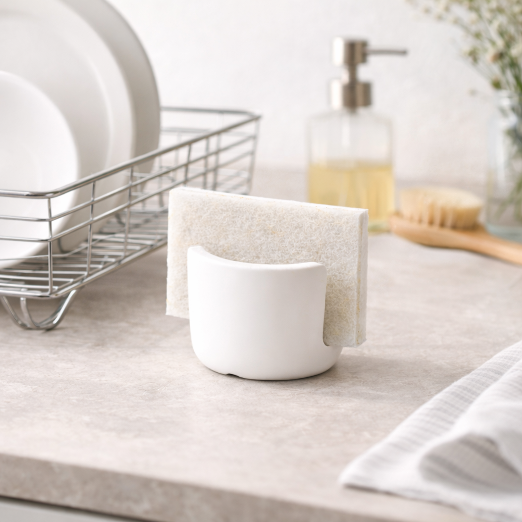Suport burete de vase – design minimalist pentru bucătărie Suport alb pentru burete de vase, așezat pe blatul din bucătărie, lângă chiuvetă