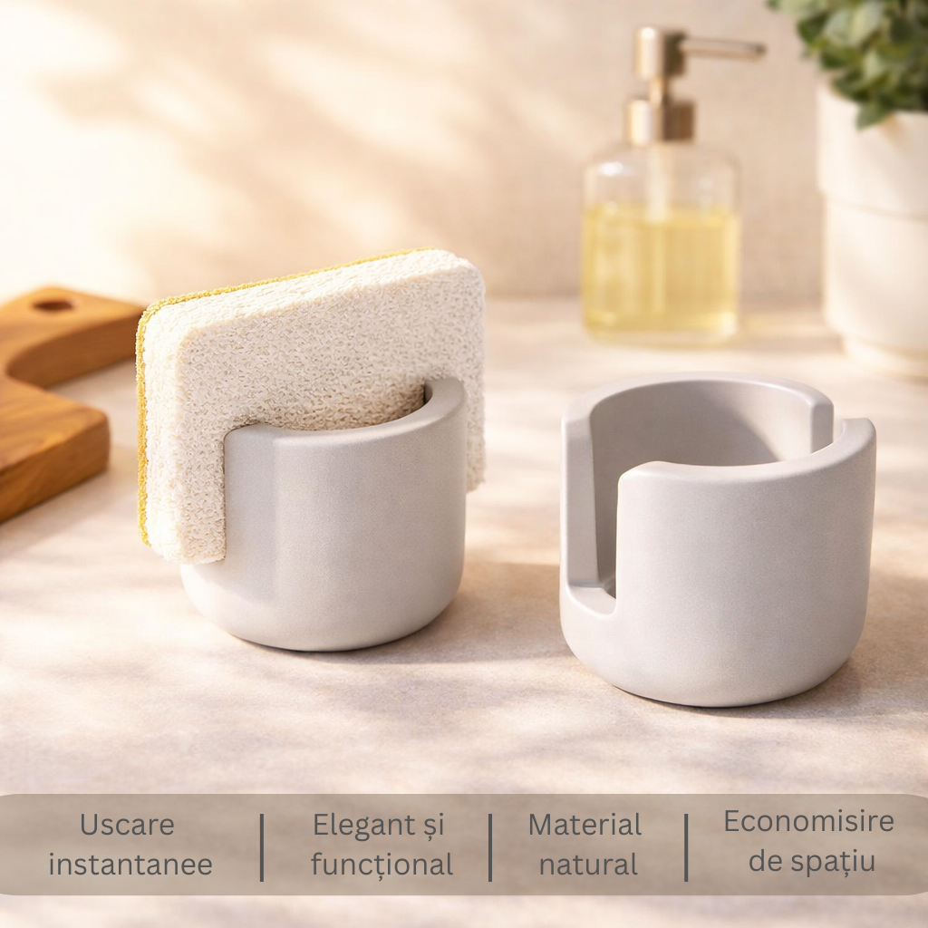 Suport burete din diatomit – uscare rapidă și design elegant Suport burete vase din diatomit gri deschis, cu burete, pentru uscare rapidă și organizare eficientă
